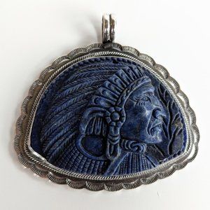 Large Vintage Carved Lapis Lazuli Sterling Silver Pendant Native American Signed